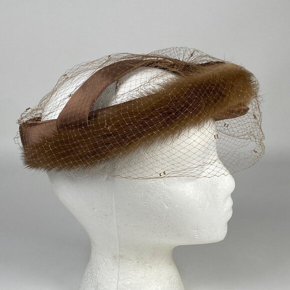 Vintage Roberta Bernays Brown Fur Satin Fascinator Hat Birdcage Veil Made USA main image 9